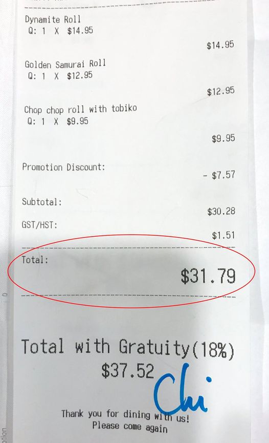 [ad_1]
We recently got asked why our bills has two total amounts? 

** The one with 18% gratuity added was just for your reference only. And the one “circle in red”…